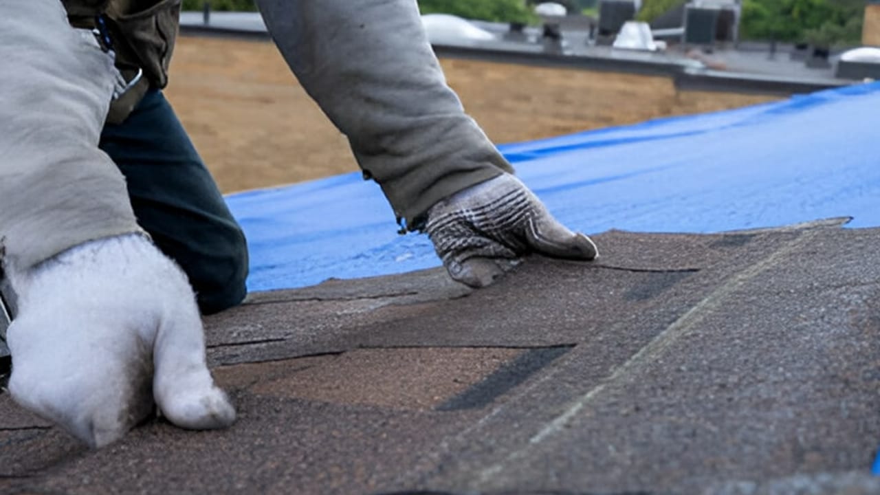 New roof covering being installed over fresh underlayment