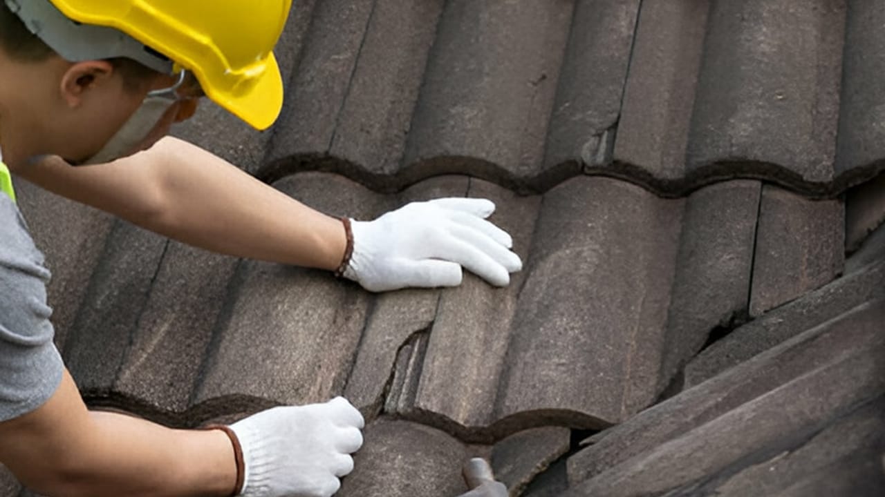 Close view of a damaged residential roof section awaiting repair