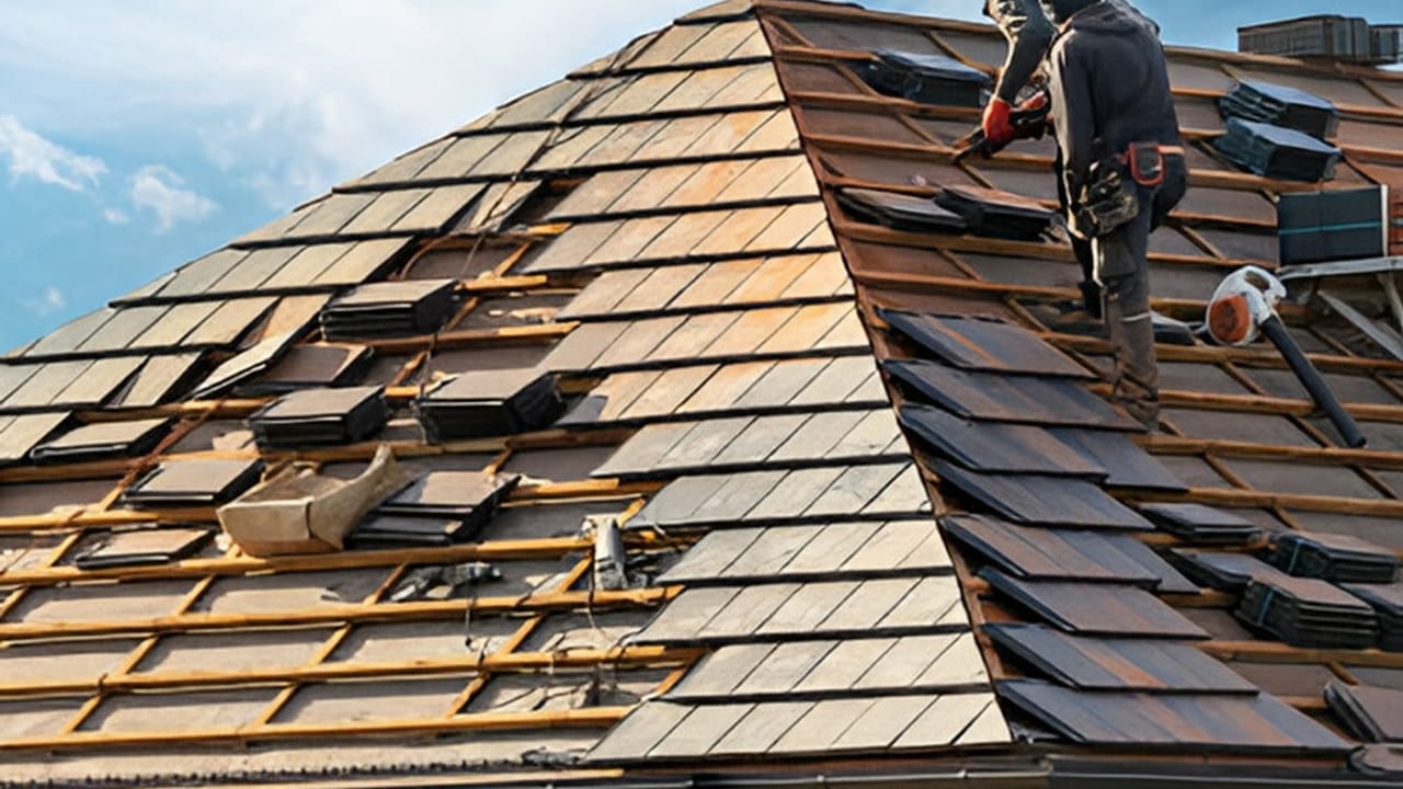 A residential roof being stripped and replaced with new covering